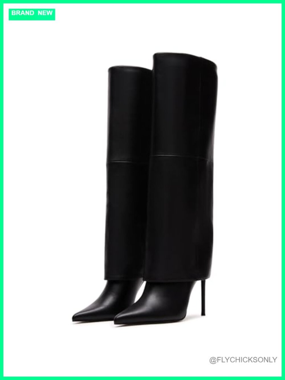 Women's Fold Over Pointed Toe Stiletto Knee High Boots Faux Leather Tall